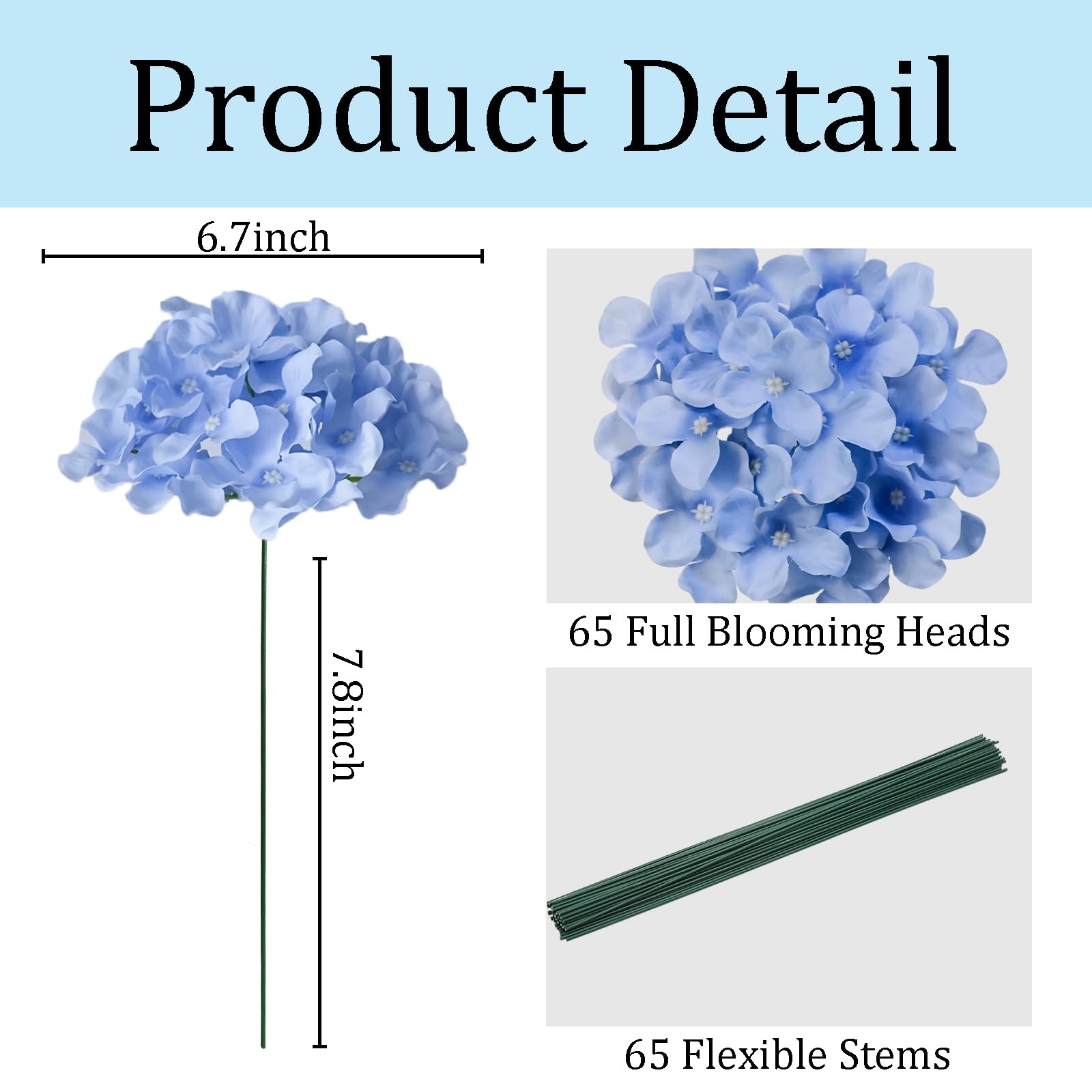 65Pcs Blue Hydrangea Artificial Flowers Bulk，Realistic Silk Fake Flowers with…