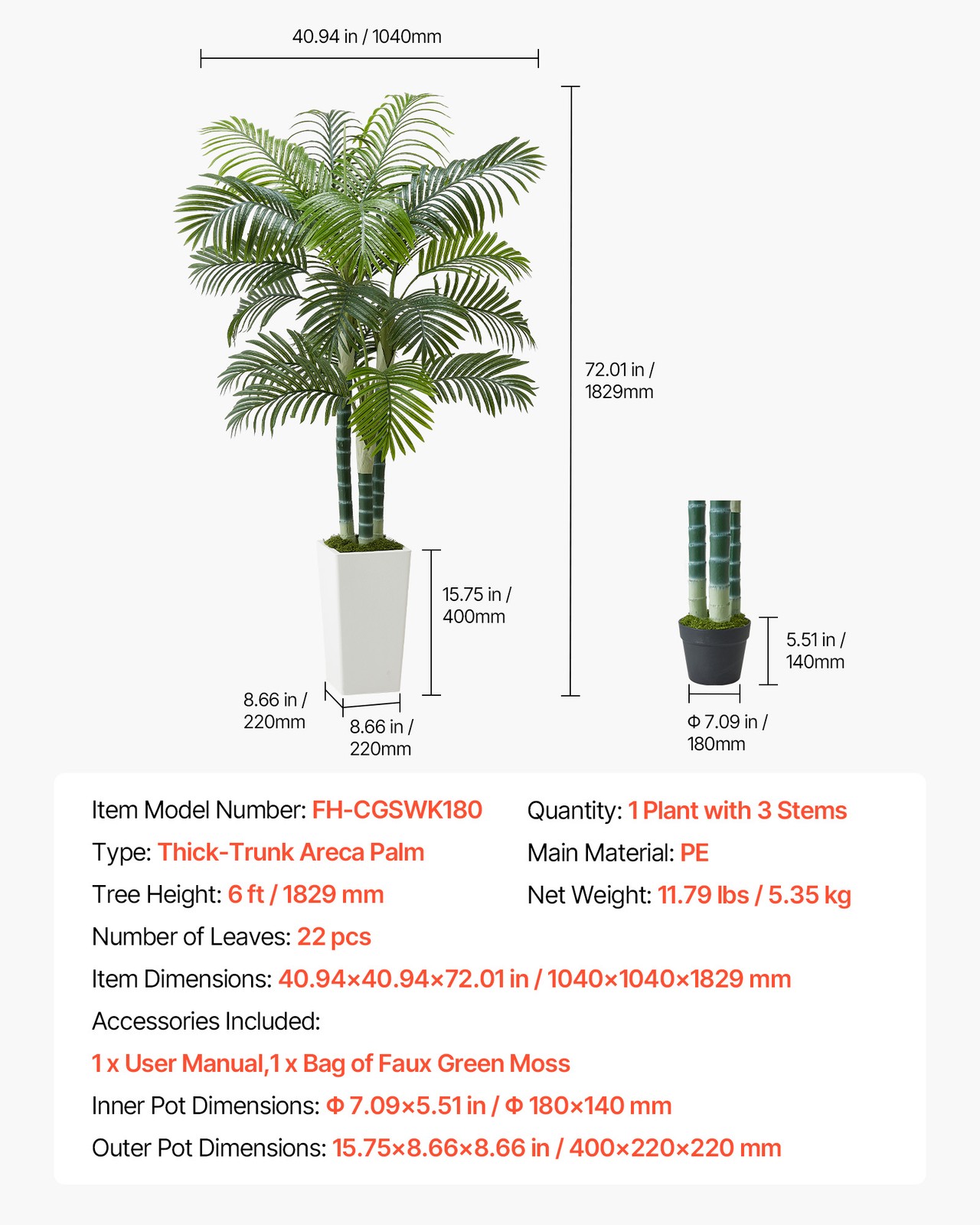 VEVOR 6ft Artificial Areca Palm Tree Fake Plant with White Planter Indoor