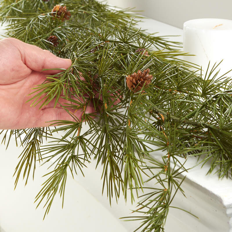 Realistic Look Weatherproof Wispy Pine 6 Foot Garland with Pinecone Accents