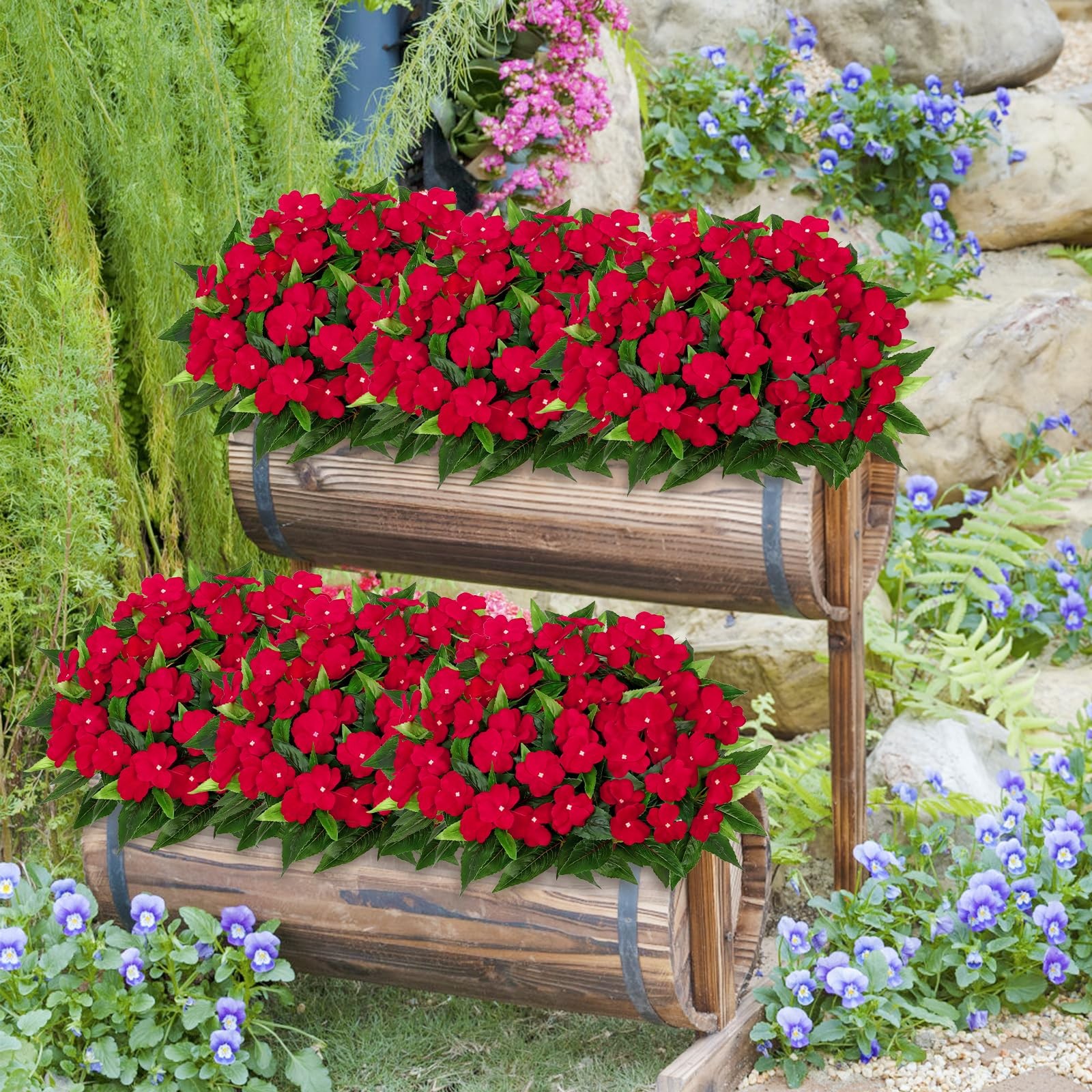 KHOYIME Artificial Flowers for Outdoors 3PCS Red Fake Impatiens Flower Bouque…
