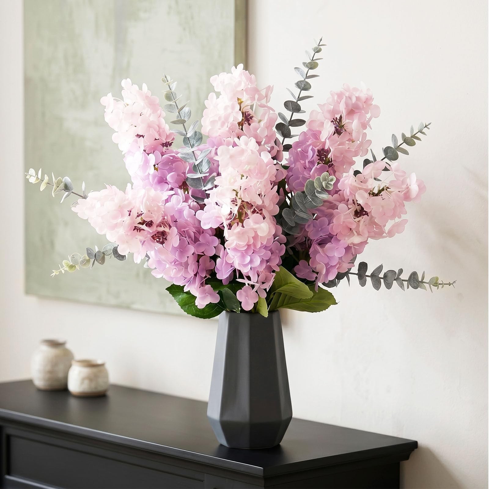 Artificial Hydrangea Flowers 6PCS with Eucalyptus Leaves, 27.5″ Faux Lavender…