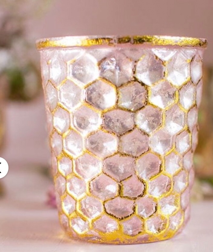 Mercury Glass Pink Gold Honeycomb Tea Light Vase Set (6) Wedding Party NEW