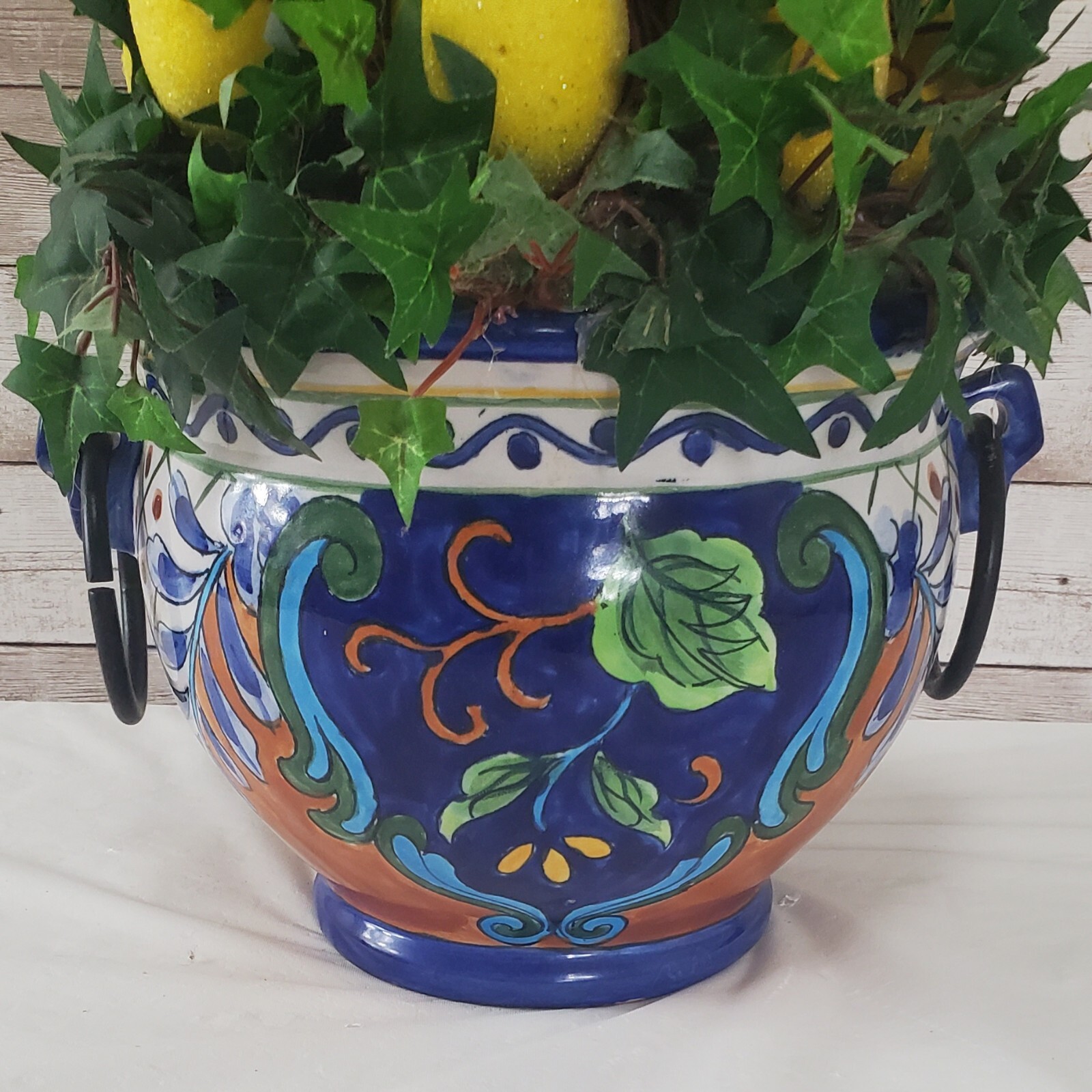 Faux Lemon 23″ Topiary Tree Centerpiece in Beautiful Cobalt Blue & Rust Planter