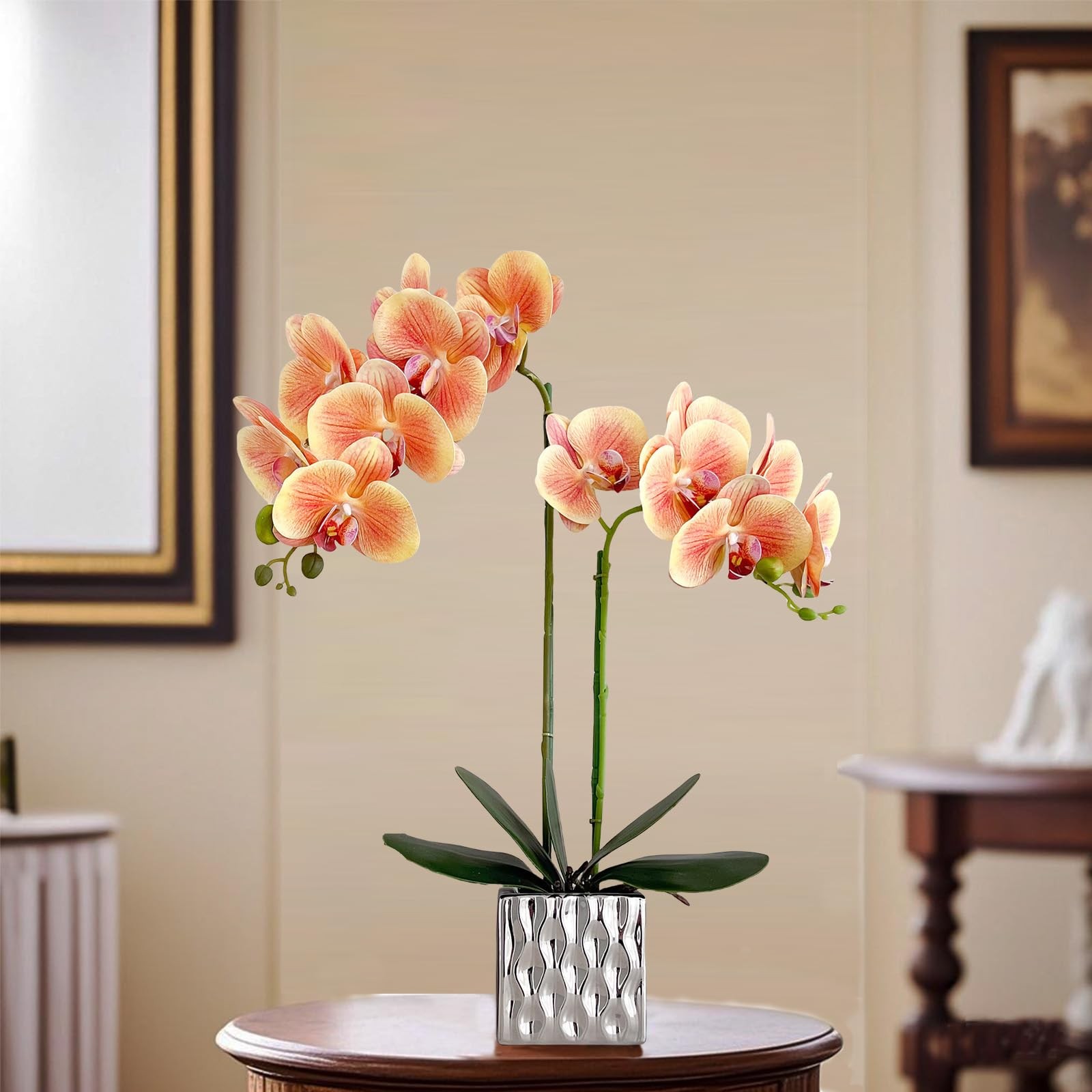 20 Inch Orange Artificial Faux Orchid Silk Flower Arrangement Silver Vase