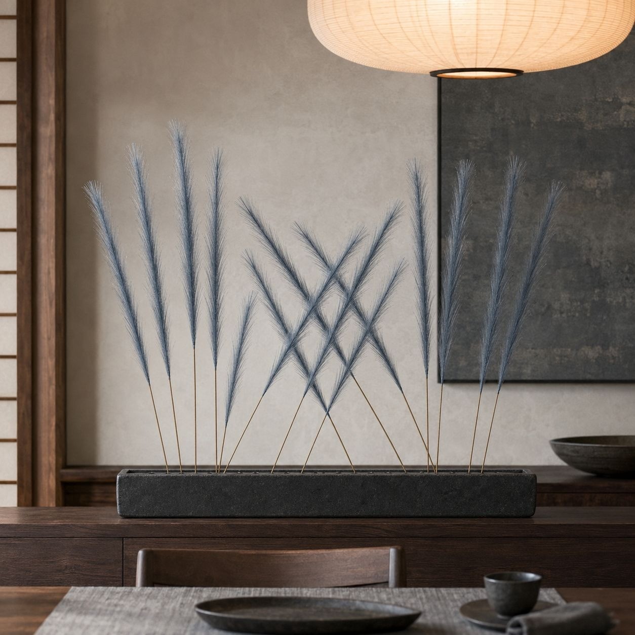 Slate Blue Faux Pampas Grass Stems, 16-Piece 31-Inch Wispy Synthetic Floor Vase
