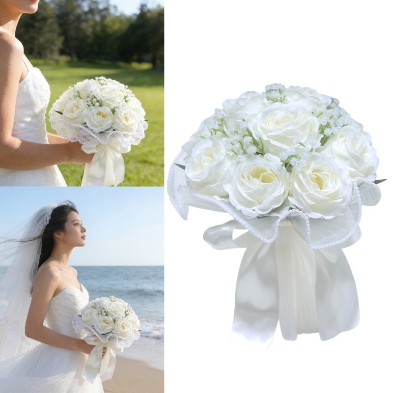 Rose Bouquet White Champagne Bridal Arrangement Realistic Fabric Roses Photo