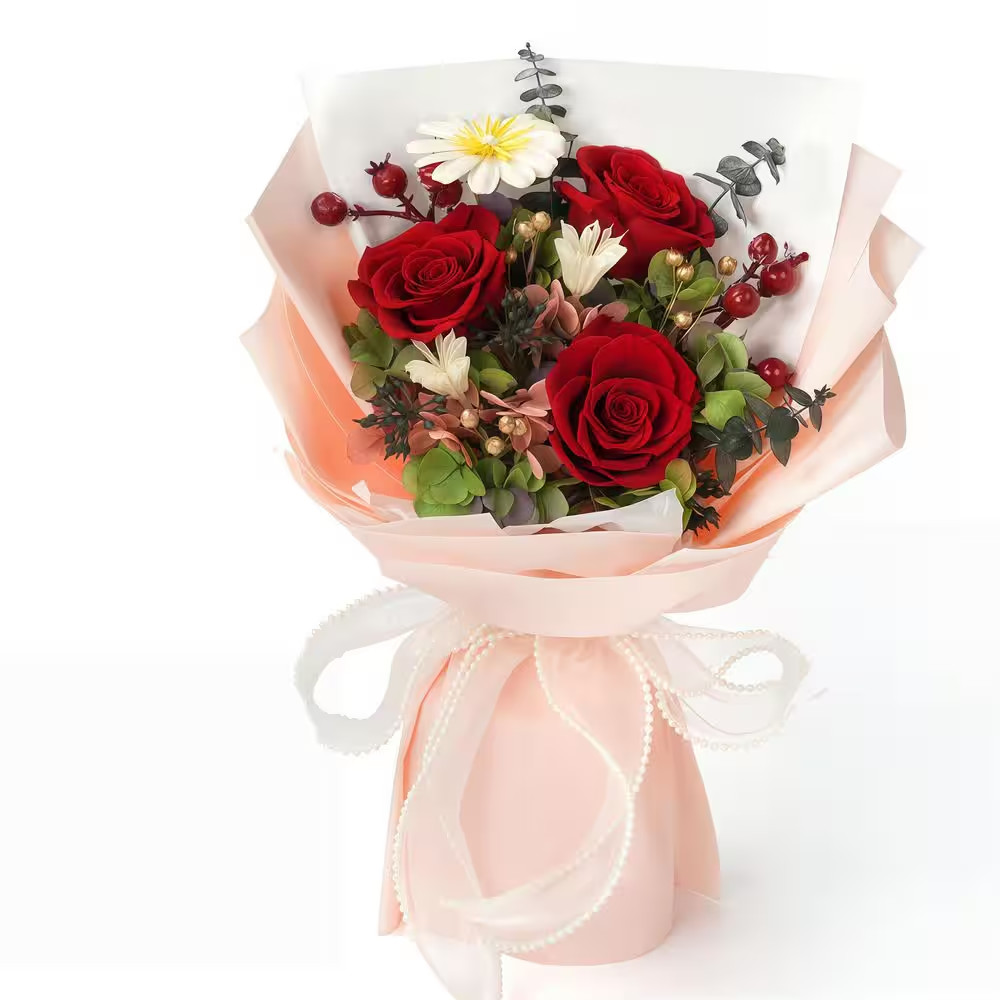 13 In. Red Artificial Everlasting Rose Bouquet-Includes Gift Box and Greeting Ca