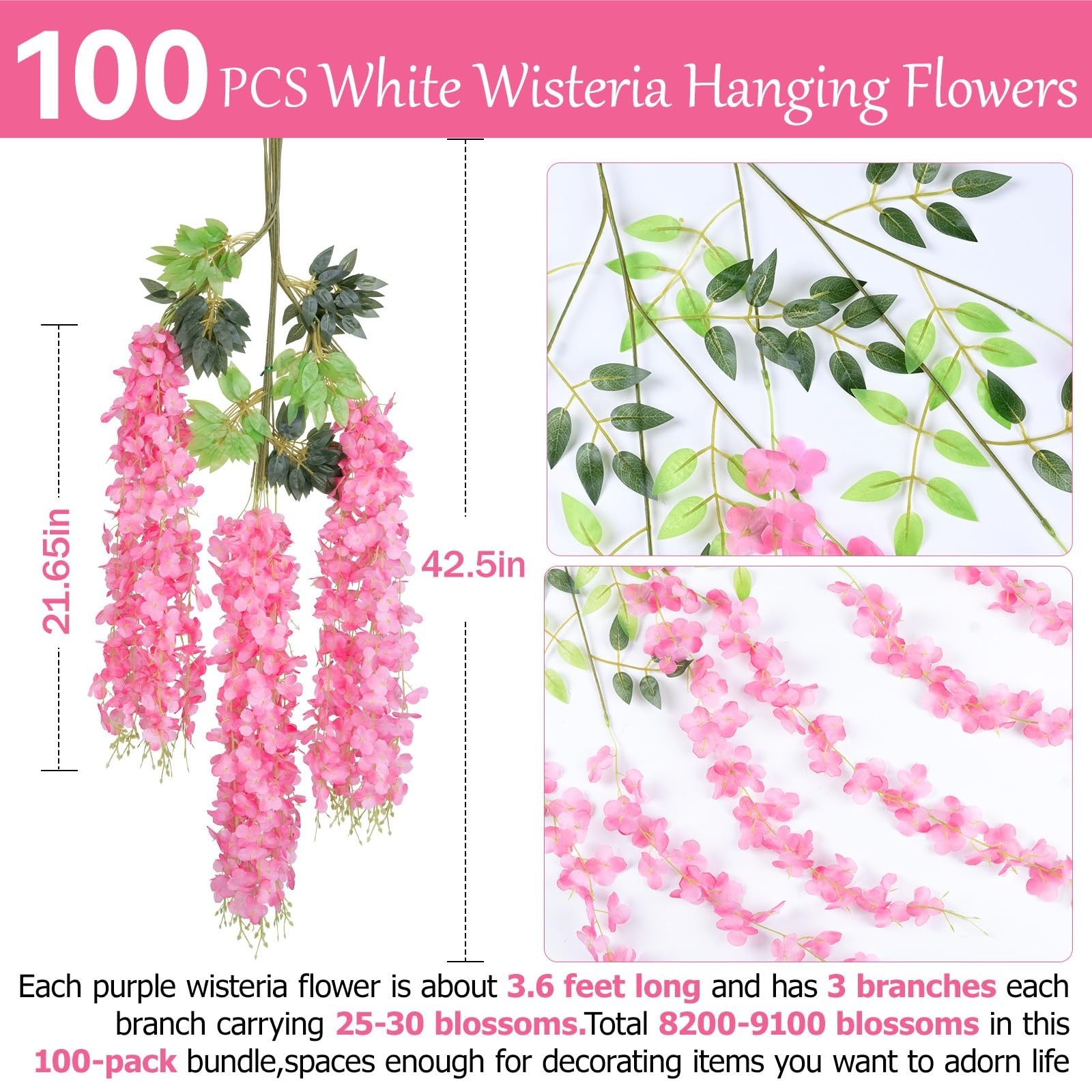100 Pack Pink Wisteria Hanging Flowers Garland – Faux Floral Decor 3.6 Ft Each