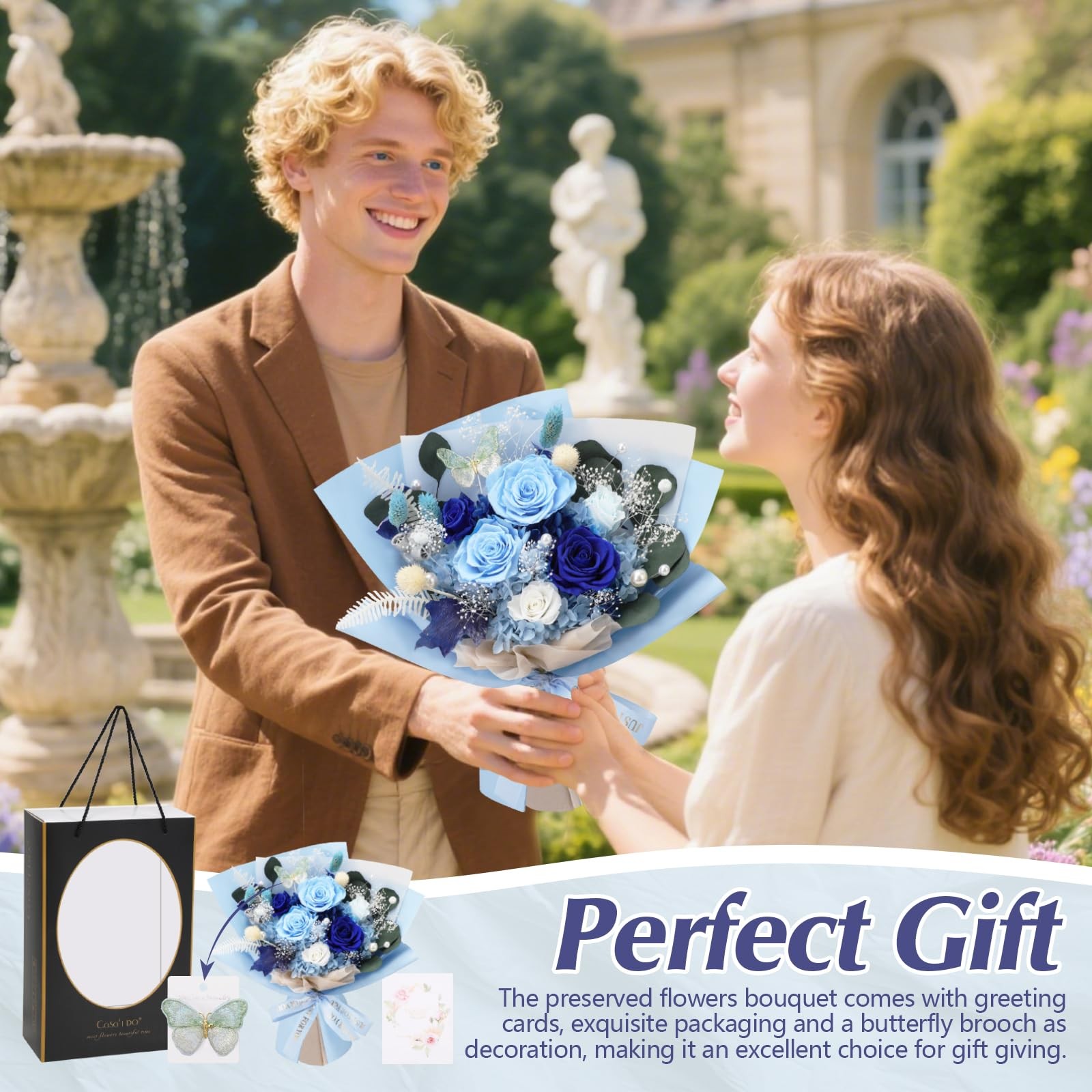 Preserved Flowers Delivery 6 Blue Roses Bouquet Real Long Lasting Forever Gift