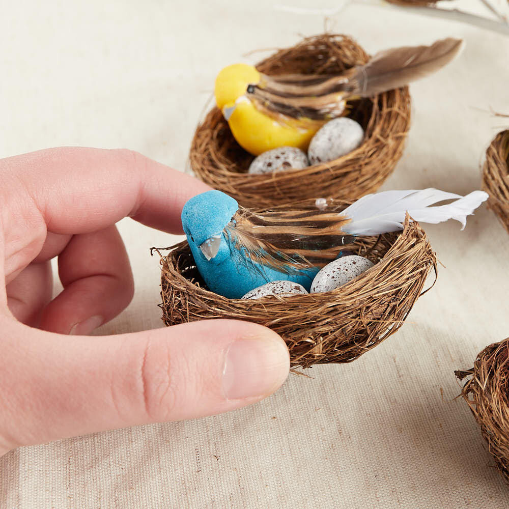 Package of 12 Artificial 2-3/4″ Nests with Assorted Colored Bird and Eggs
