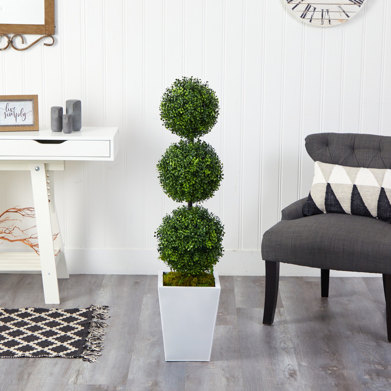 Nearly Natural 46″ Boxwood Triple Ball Topiary Tree in White Metal Planter