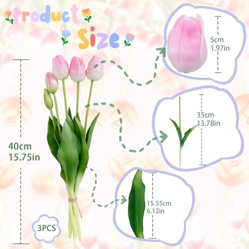 15PCS 15.75″ Artificial Tulips, Premium Latex Natural Feel 15pcs Light Pink