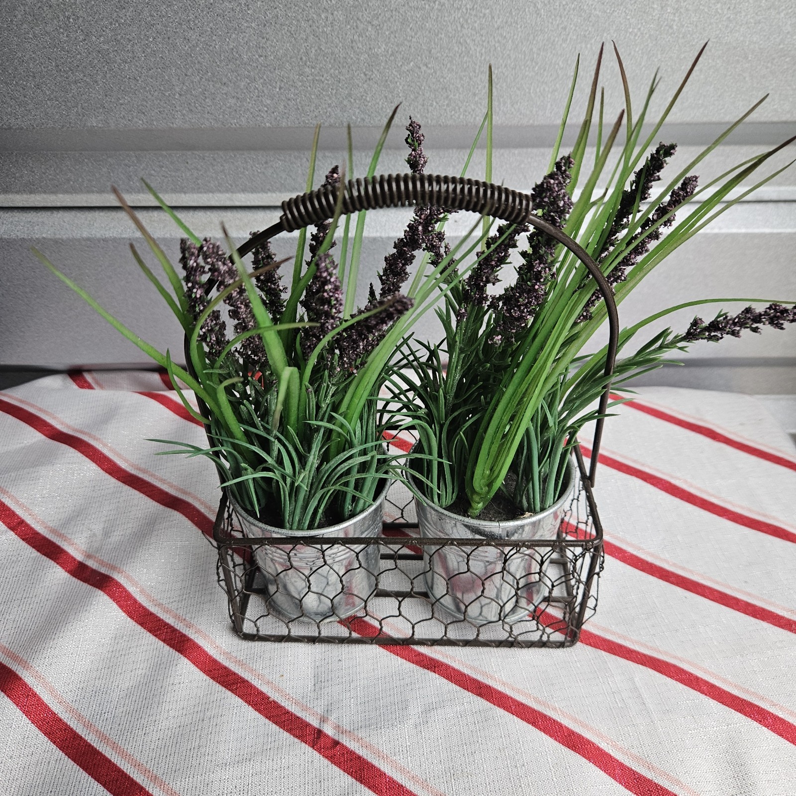Artificial Lavender Arrangement & Centerpiece in Metal Pots with Wire Basket