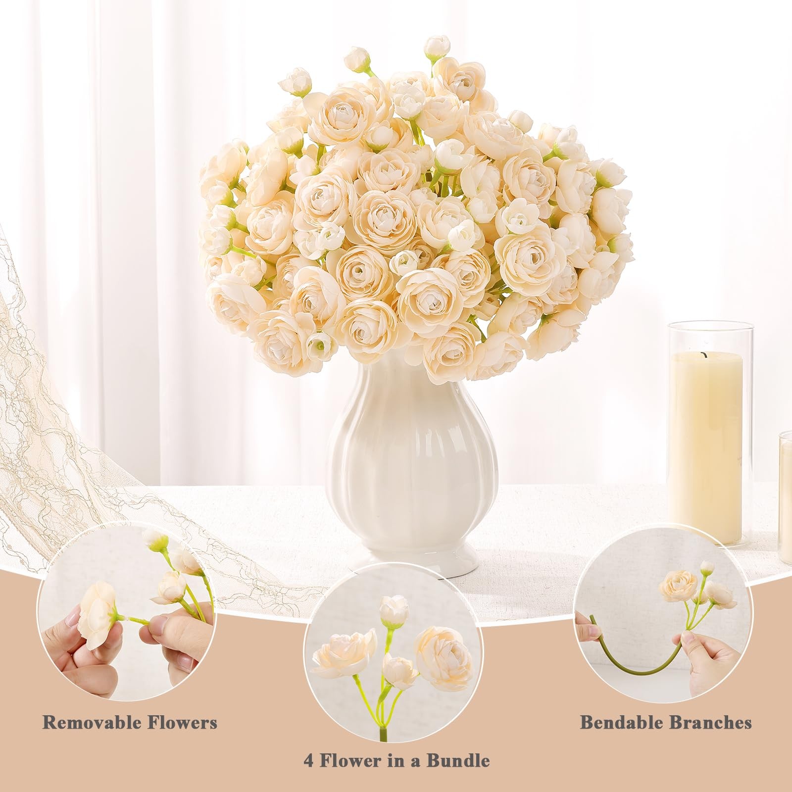 20 PCS Creamy Mini Ranunculus Artificial Bulk Flowers DIY Bouquet Centerpiece