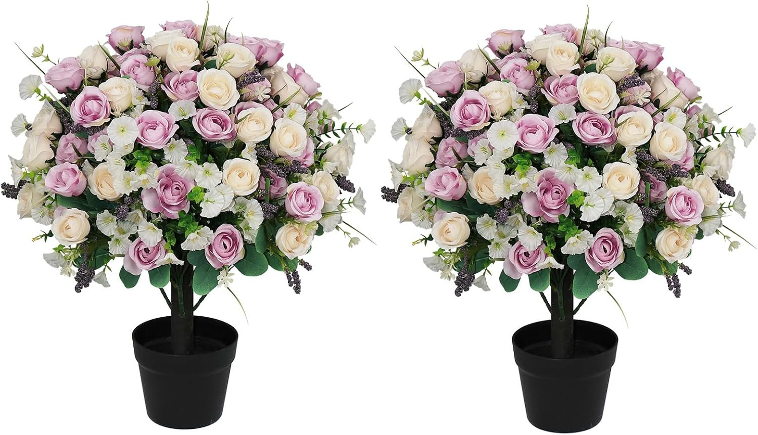 24″ Artificial Outdoor Flowers Set of 2, Faux Rose with Eucalyptus Plants in Cem
