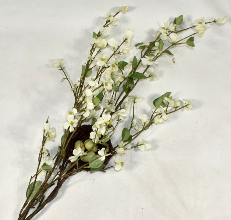 Pottery Barn Faux Dogwood Branch w/ Nest & Eggs Artificial Flowers 38″ Stem NEW