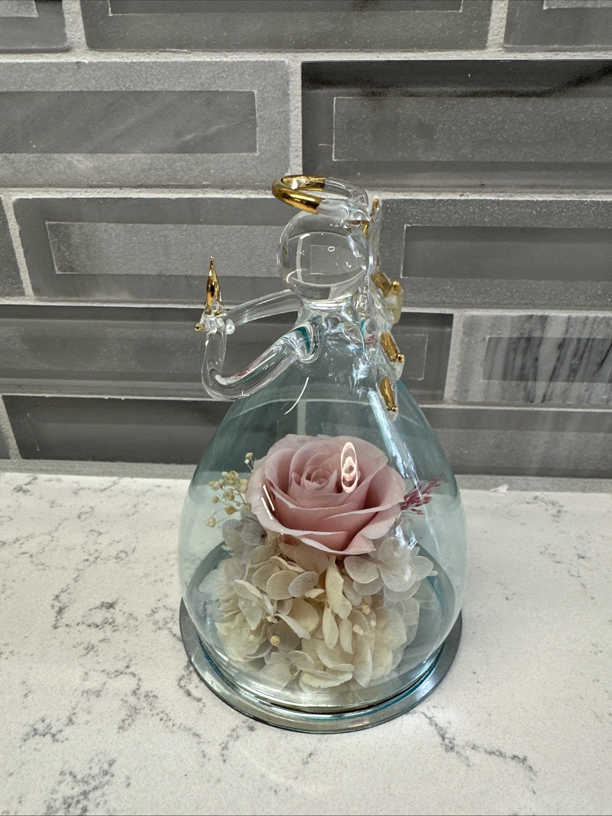 ANLUNOB Mother’s Day/Birthday Gift Glass Praying Angel w/Pink Rose Flower EUC!
