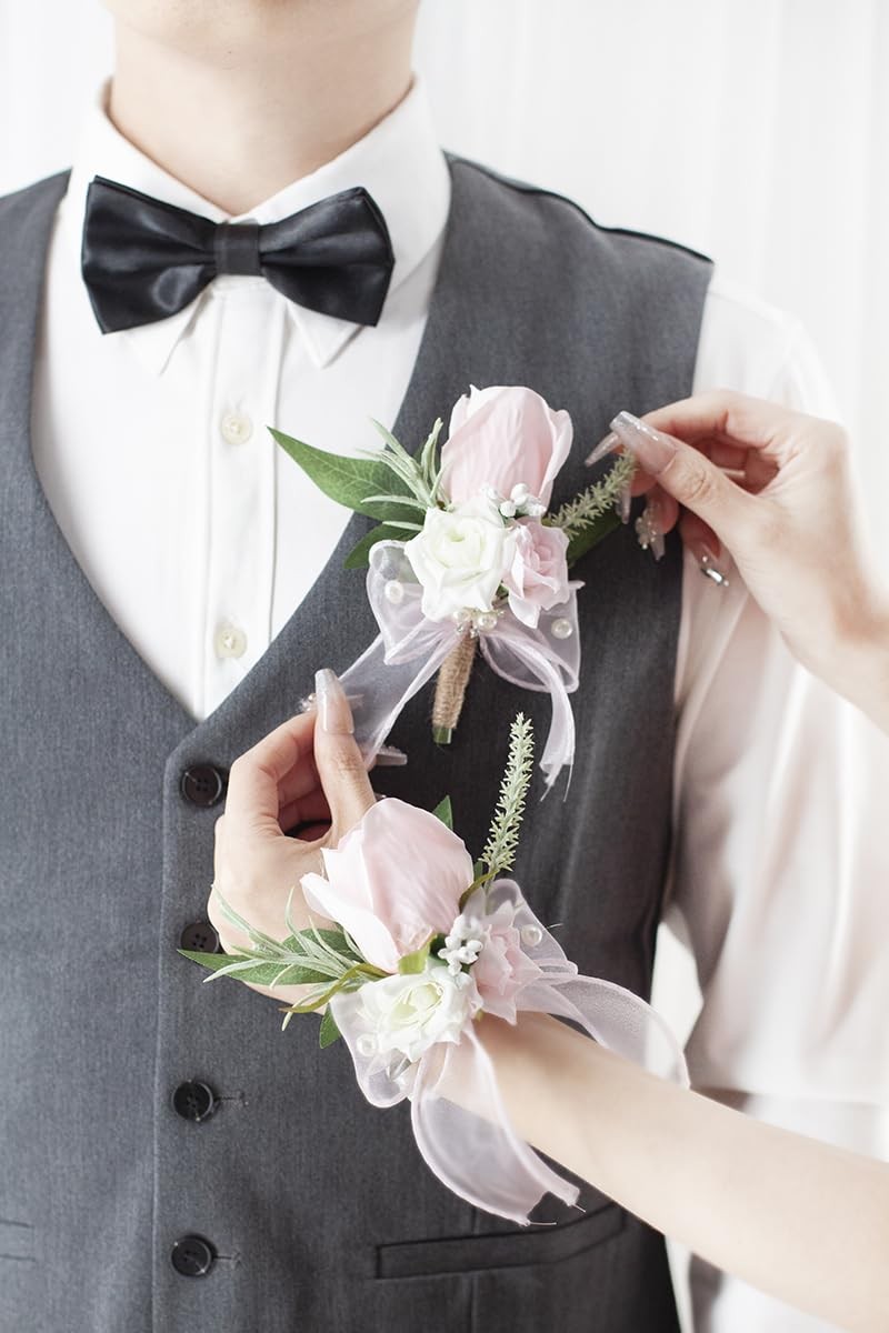 Pink Artificial Rose Flower Corsage and Boutonniere Set for Wedding Prom 1 PCS