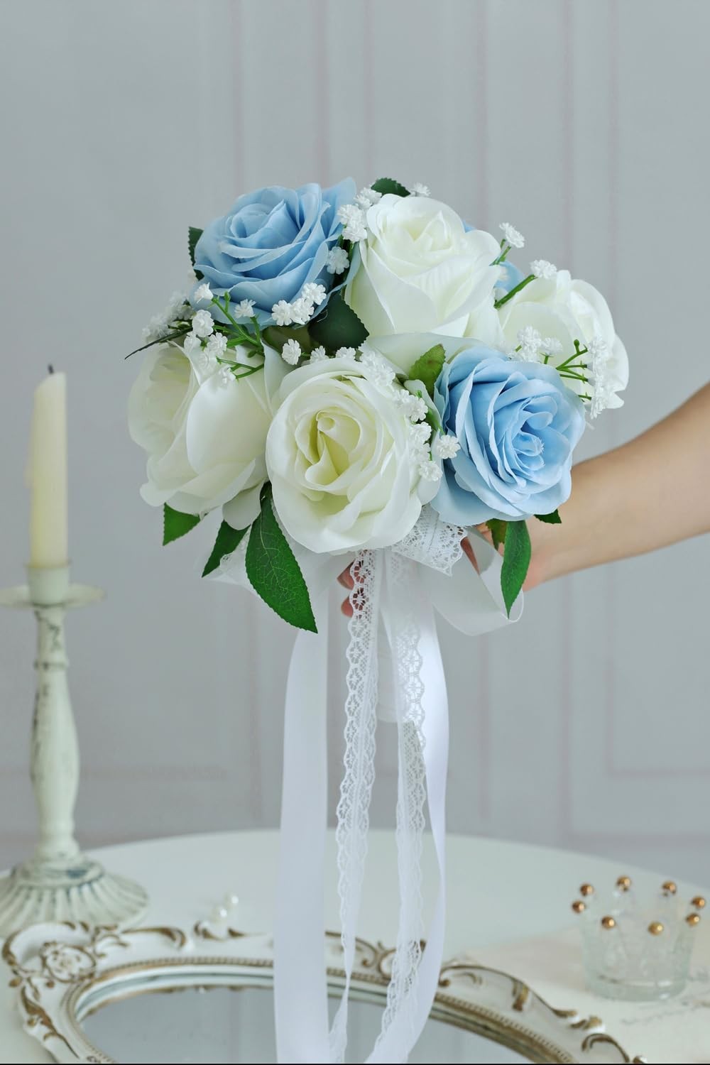 7 Inch Dusty Blue Ivory Baby Breath Artificial Rose Flower Wedding Bouquet