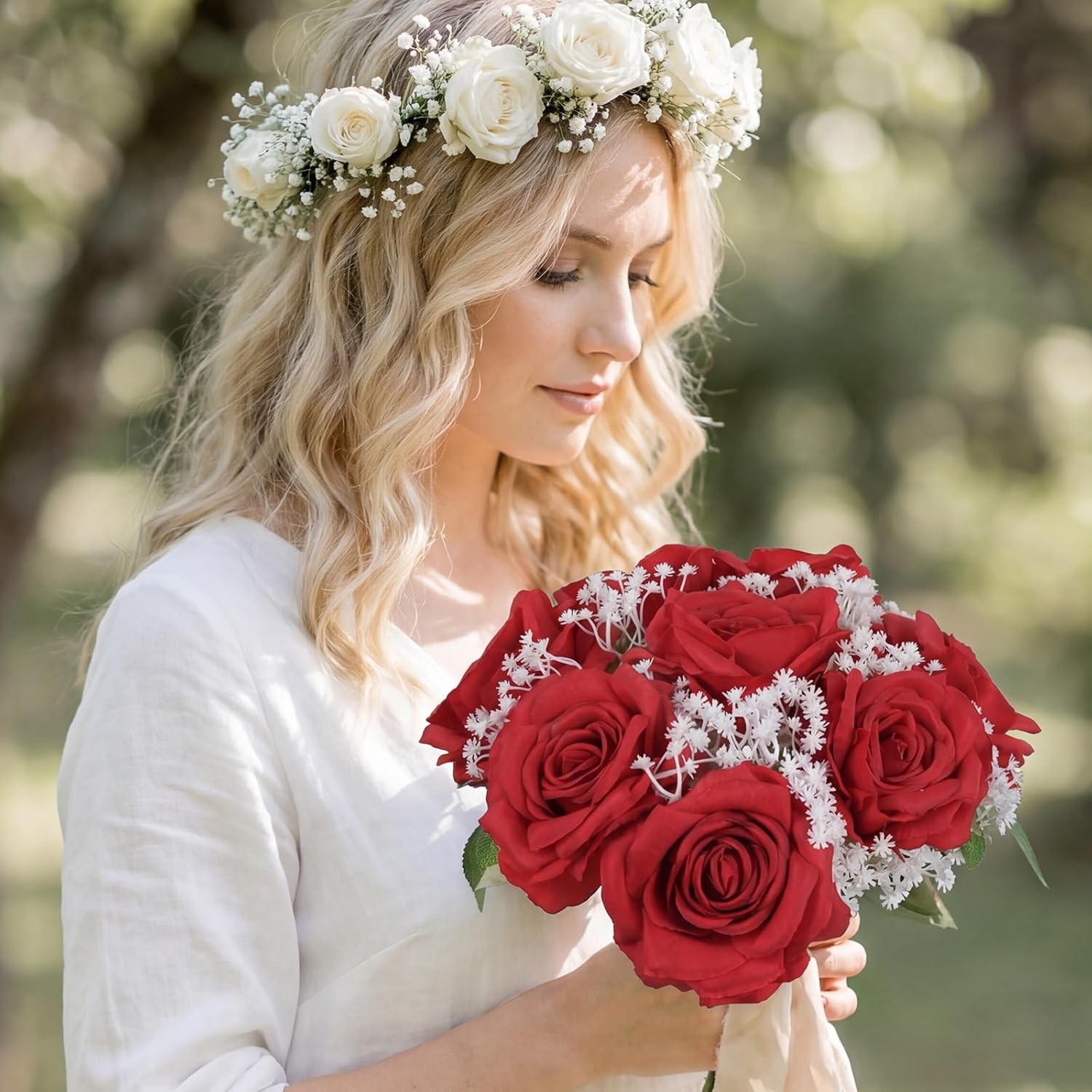Artificial Flowers Silk Roses & Fake Baby Breath Realistic Flowers Bouquet Decor