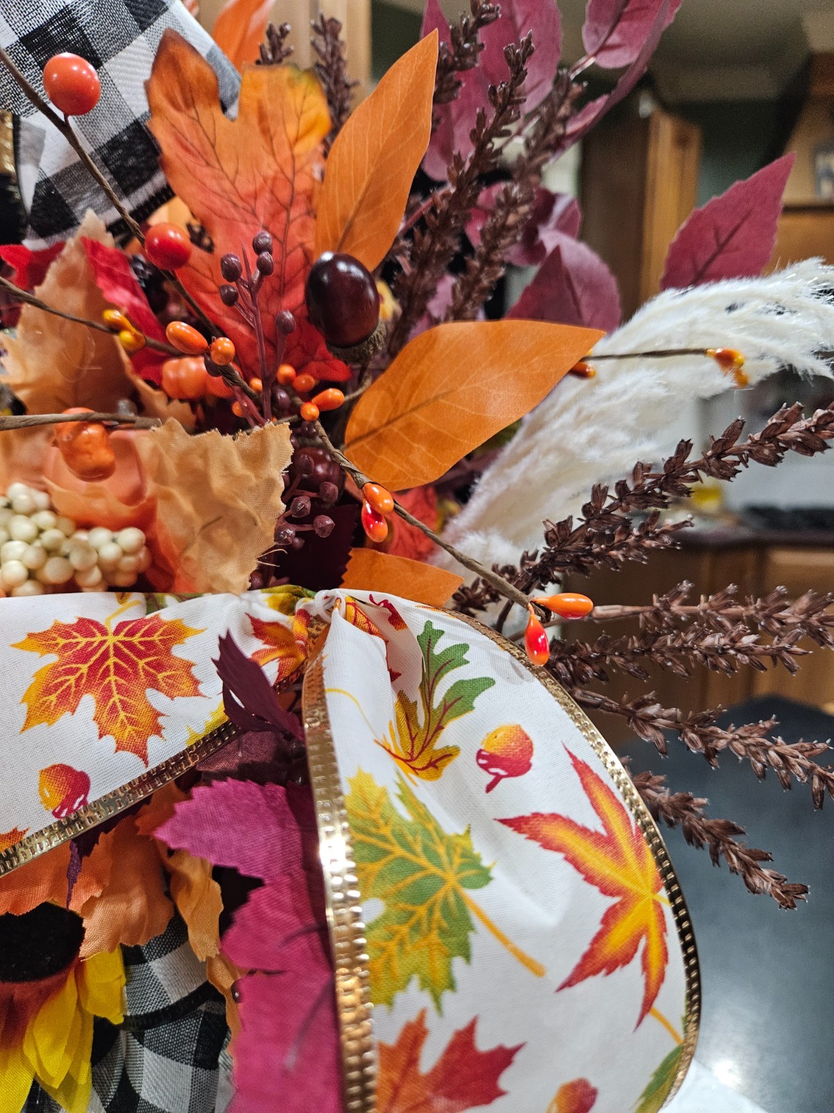 Chic Fall Florals with Ribbons, Bucket Vase, Orange, Cream, Dark Red