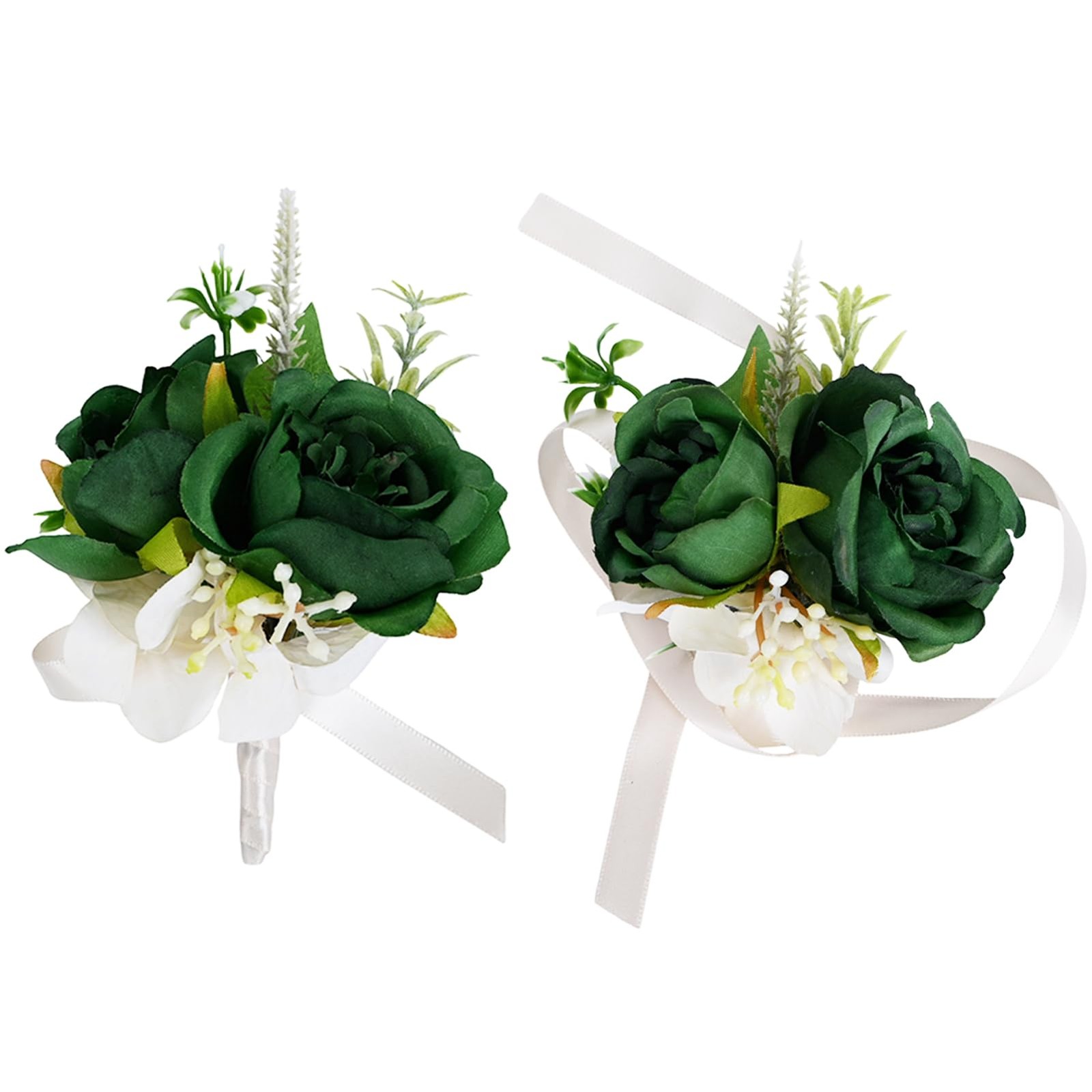 2 PCS Dark Green Wrist Corsage Boutonniere Set Artificial Flowers Prom Suit