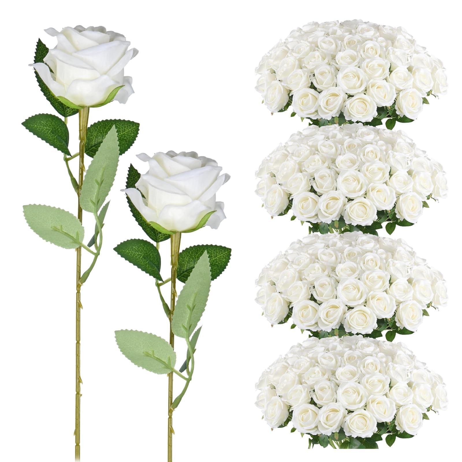 Umisu 200 Milky White Fake Silk Roses 3.7in Velvet Heads 50cm Stems