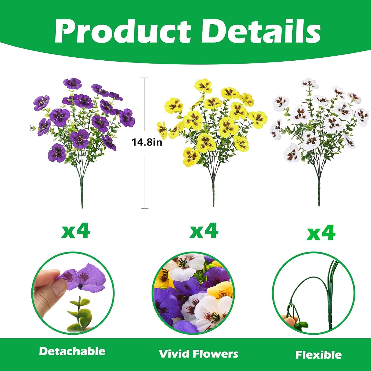 Artificial Pansies Flowers for Outdoors, 12 Pcs Faux Silk Pansy Flower UV Resist