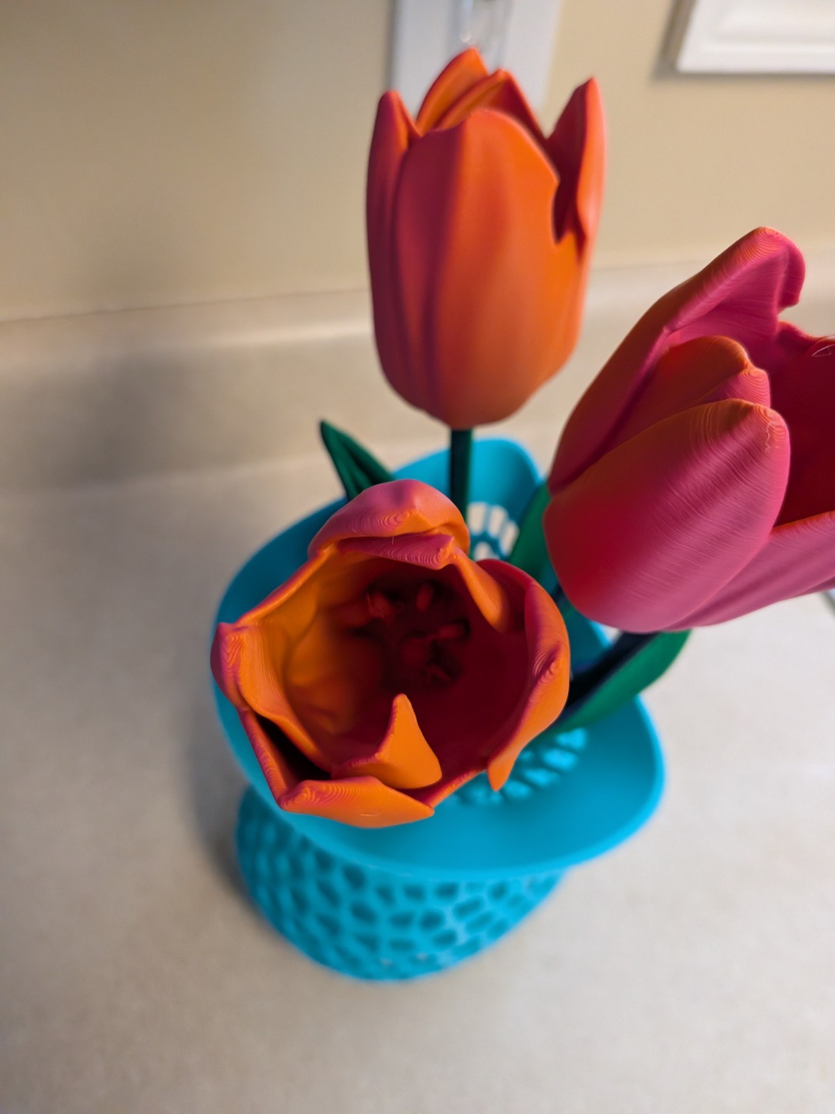 Artificial Tulip Flower Arrangement in Blue Vase, Orange Pink Green Plastic
