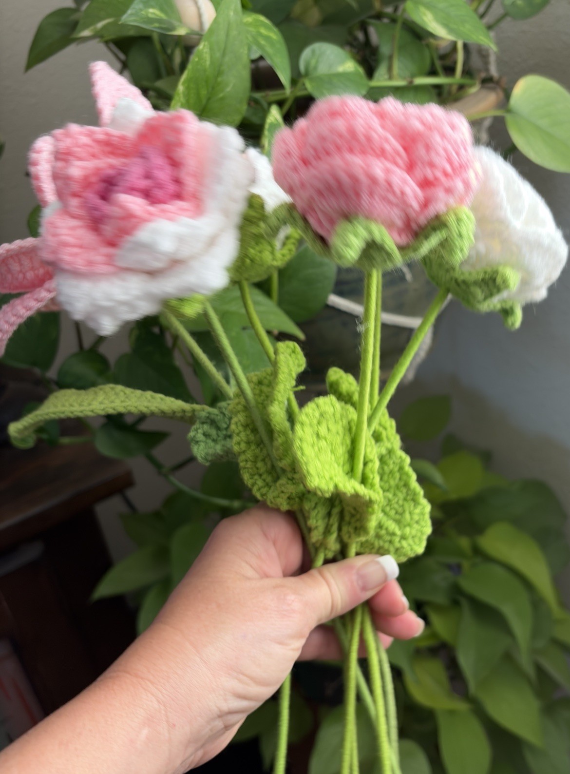 Handmade Crochet Flower Bouquet Pink Roses Lily Knit Flowers Gift Home Decor