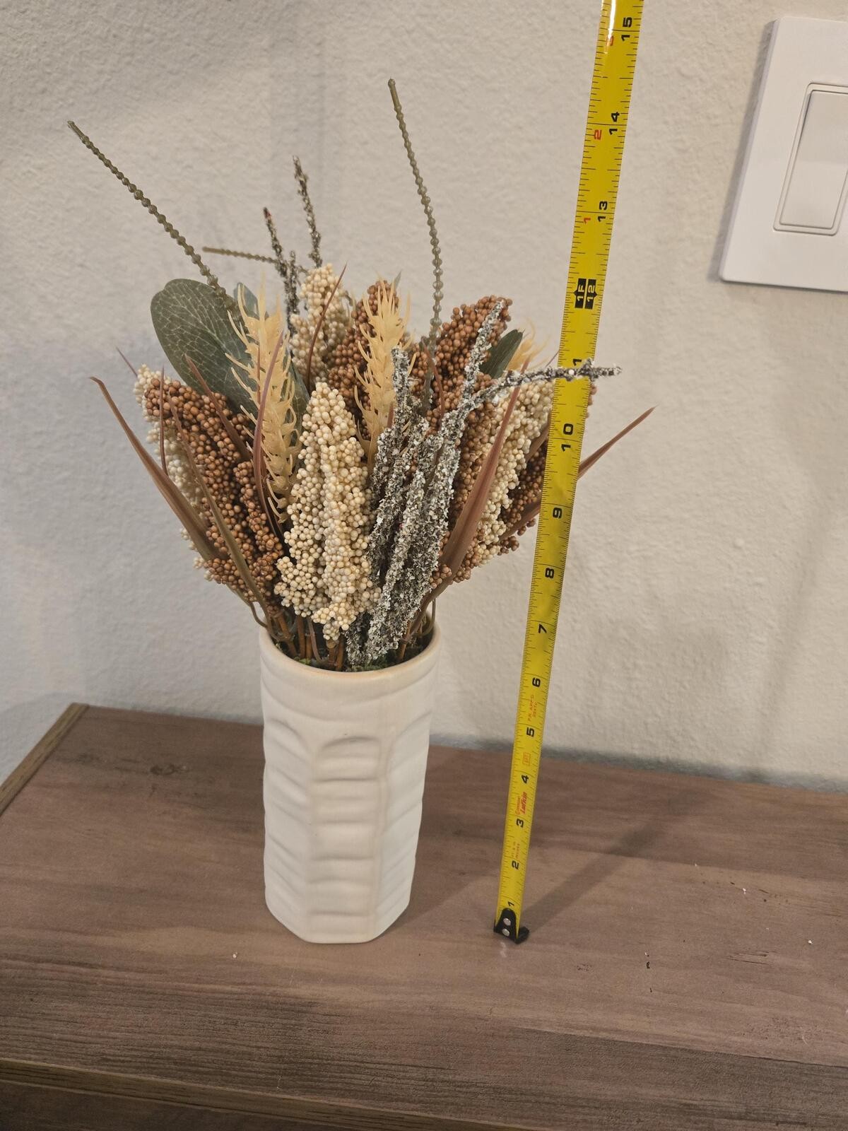 13.5″ Faux Dried Heather Floral Arrangement – Boho Farmhouse Decor Ceramic Vase