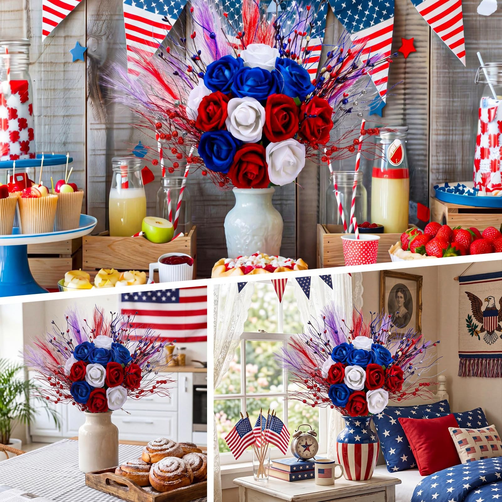30pcs Patriotic Artificial Flower, Red White Blue Faux Roses with Star Picks …