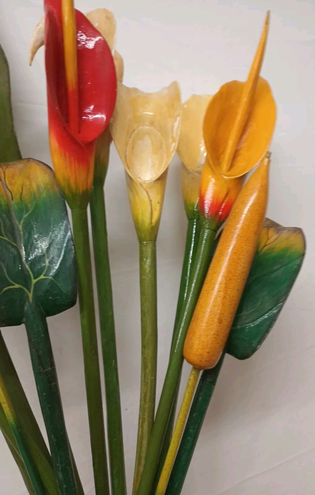 VTG Wood Tropical Flowers Long Stem 36″ Leaves Lot Of 13 Wooden Painted Carved