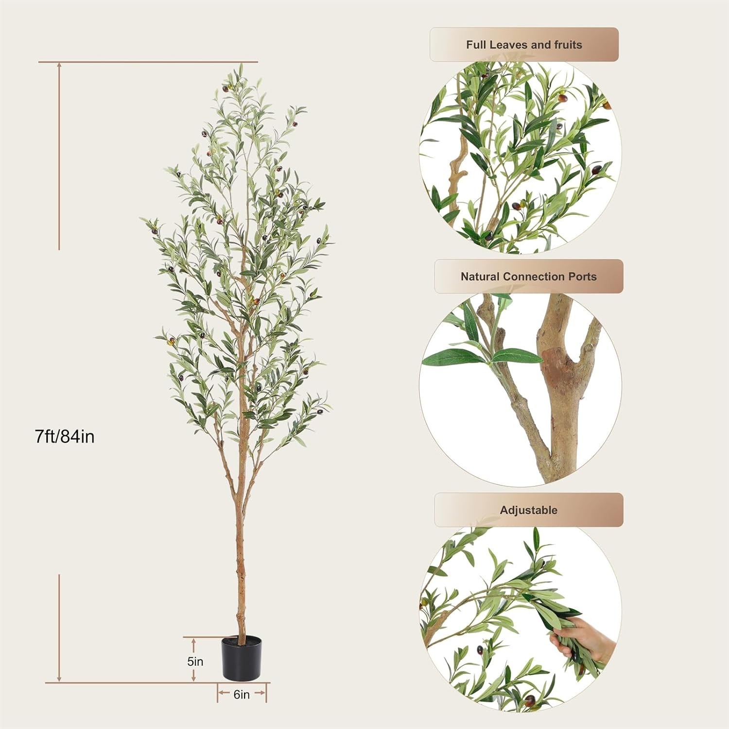 7ft Faux Olive Tree: Realistic Green Silk Leaves & Natural Wood Trunk Décor