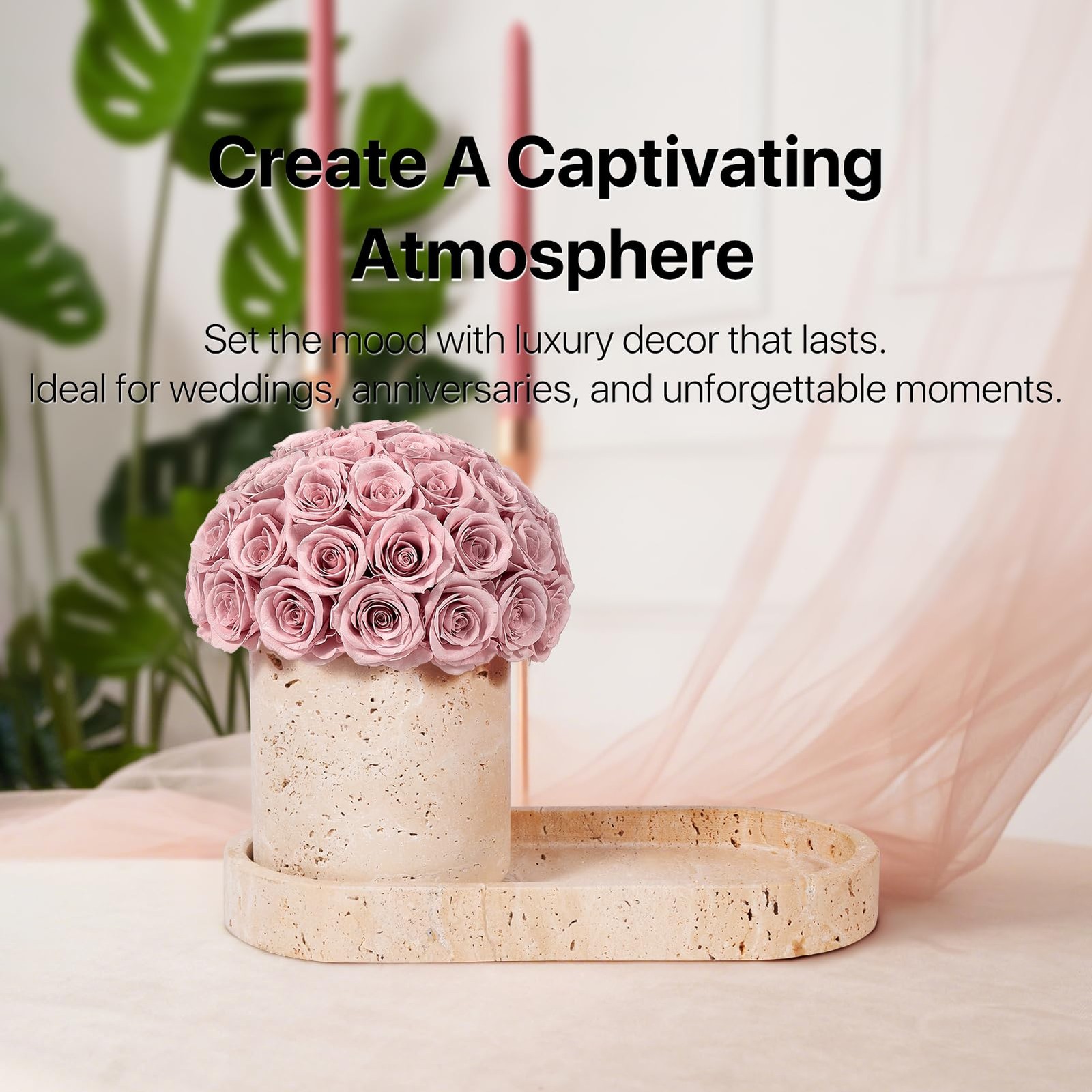 Preserved Flowers Vase, Yellow Travertine Flower Vases & Travertine Tray, Ete…