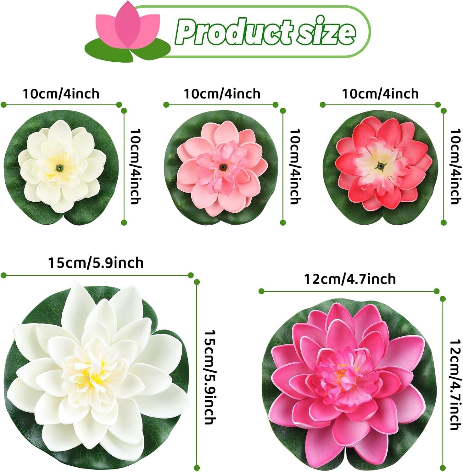 10PCS 3 Sizes Artificial Foam Lotus Floating Flowers with Water Lily Pad Orna…