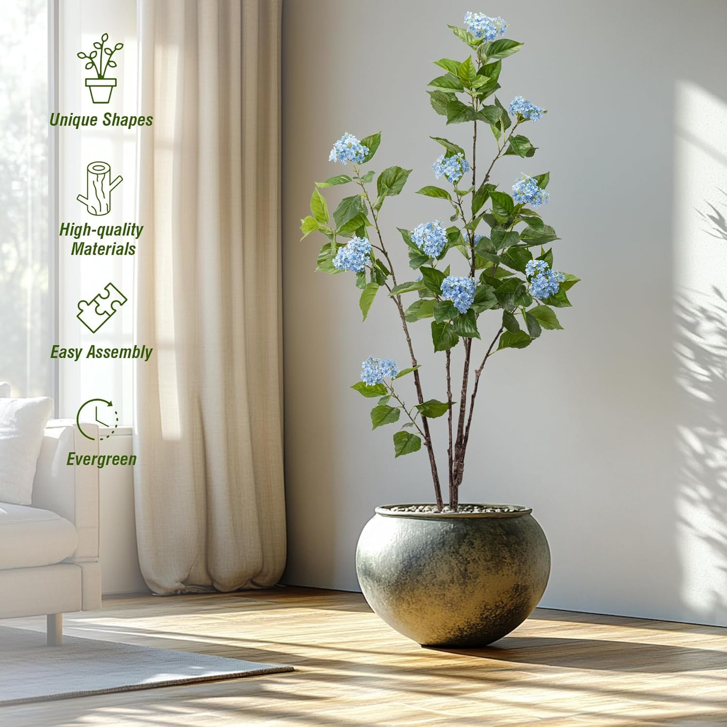 6Ft Blue Fiddle Leaf Fig Tree – Artificial Indoor/Outdoor Hydrangea Decor