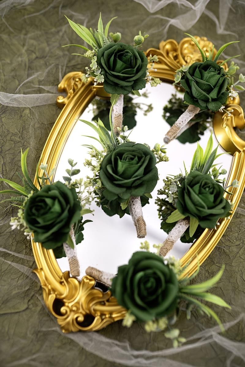 Green Set of 6 Boutonniere for Best Men Groom Groomsmen Buttonholes for Weddi…