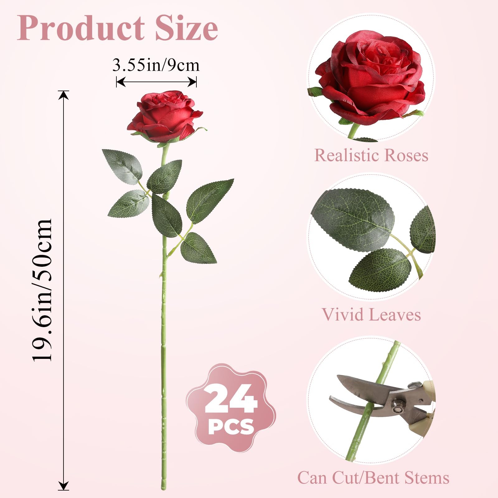 Nubry 24pcs Artificial Burgundy Roses, Fake Silk Roses Flower with