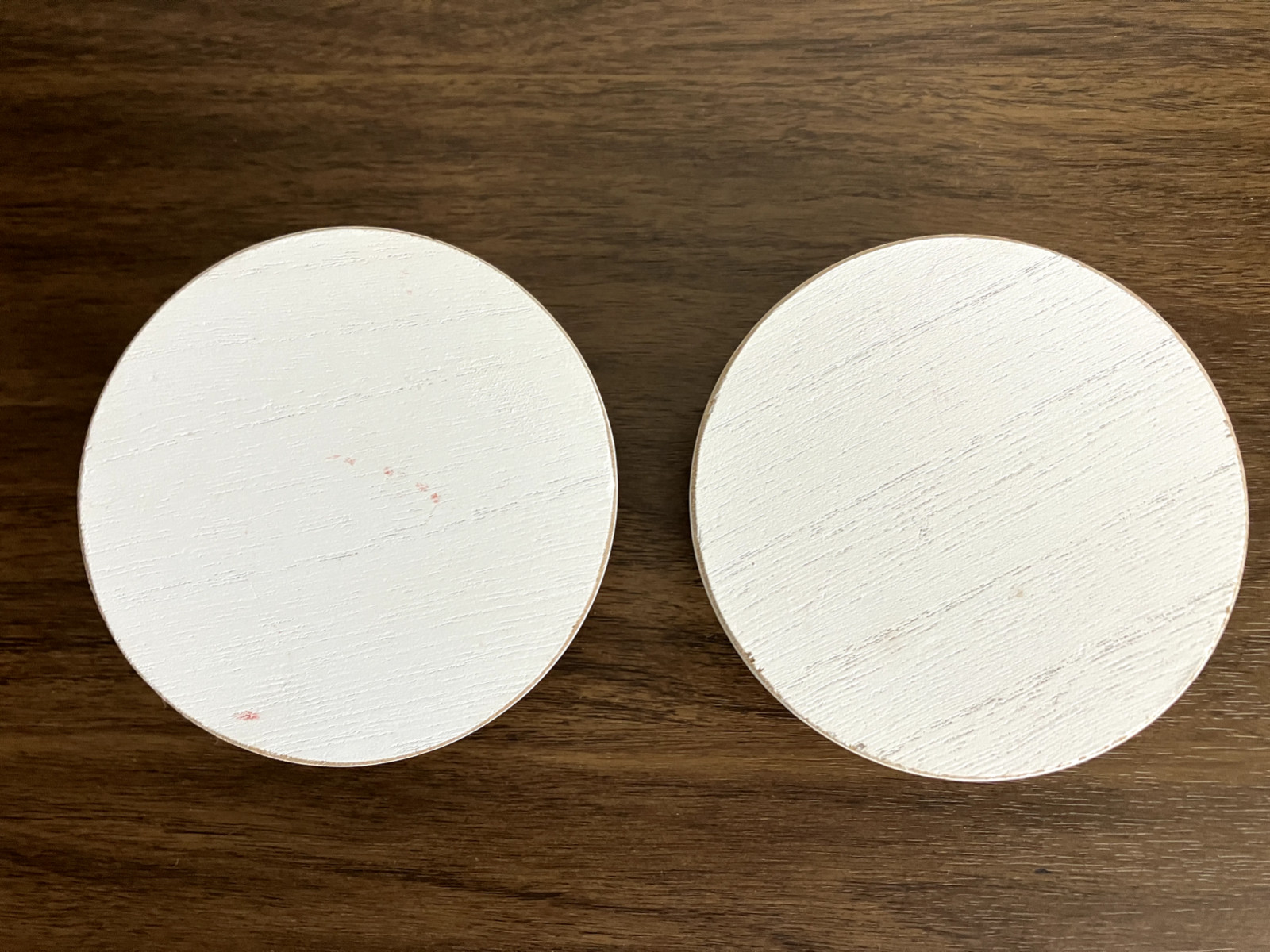 NOS “HOBBY LOBBY” PAIR OF 2 TIERED TRAY WOOD ENDCAPS, 4 INCH IN DIAMETER