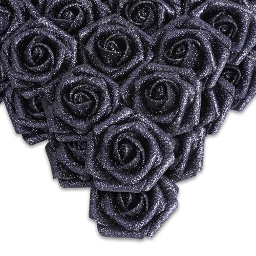 Black Glitter Roses,50PCS Fake Roses Glitter Flowers for Crafts 50pcs Black