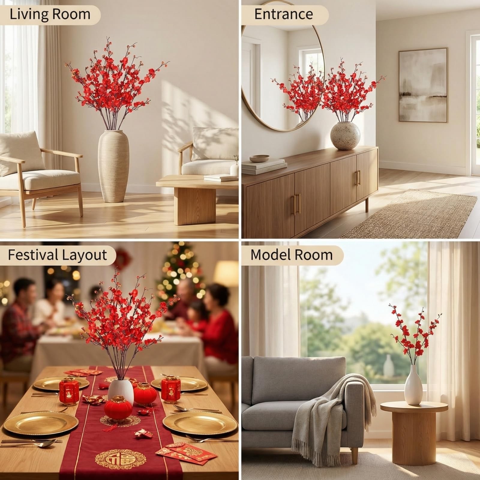 8 PCS 36in Red Cherry Blossom Branches Artificial Flowers Table Decor