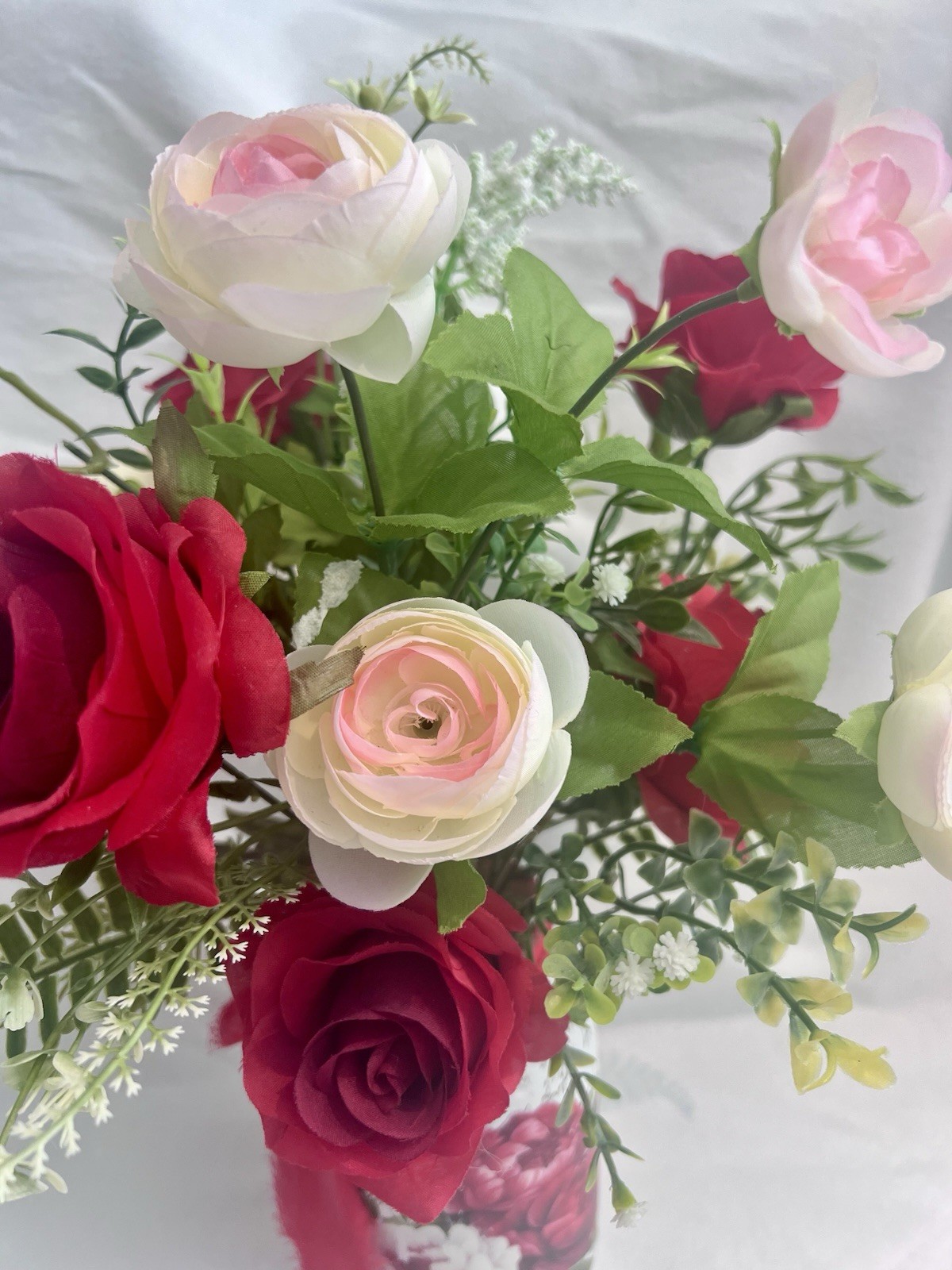 Red And Pink Roses Silk floral Arrangement in A Mason Jar Vase Home Decor