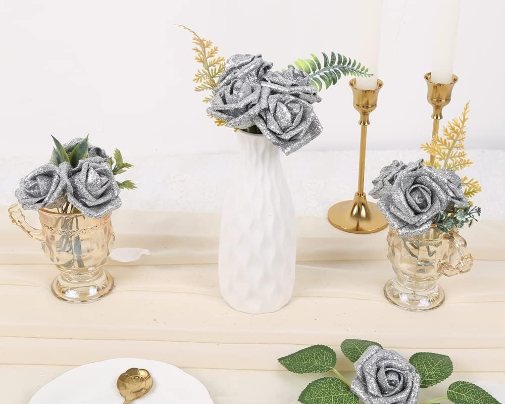 25PCS Silver Glitter Roses with Stems 2.19 Inch Foam Flowers for Home Decor