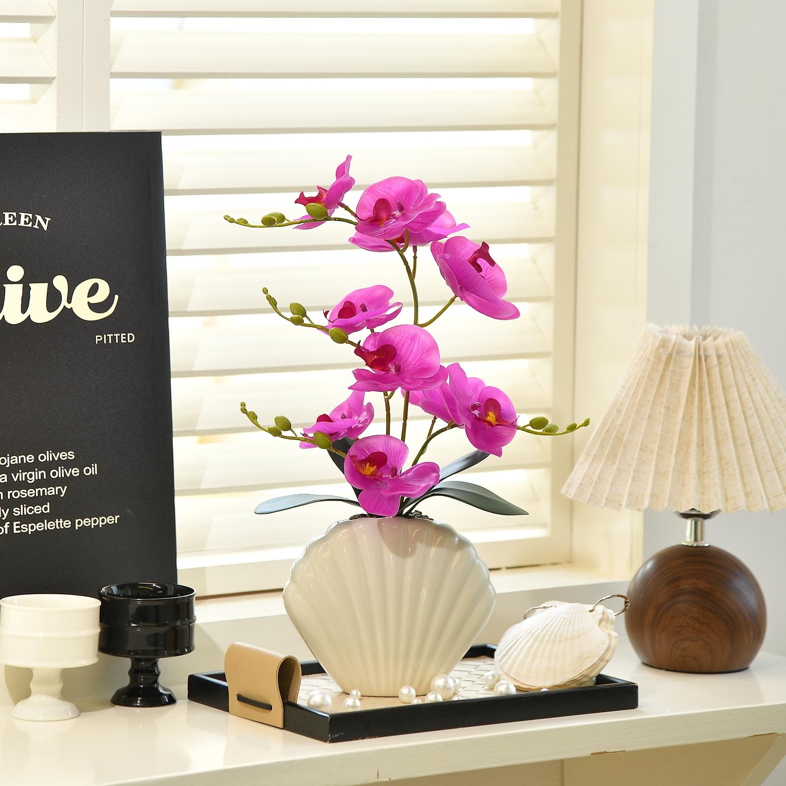 Artificial Phalaenopsis Orchid Plant in Seashell Pot, 16″ Fake Orchid Flowers…