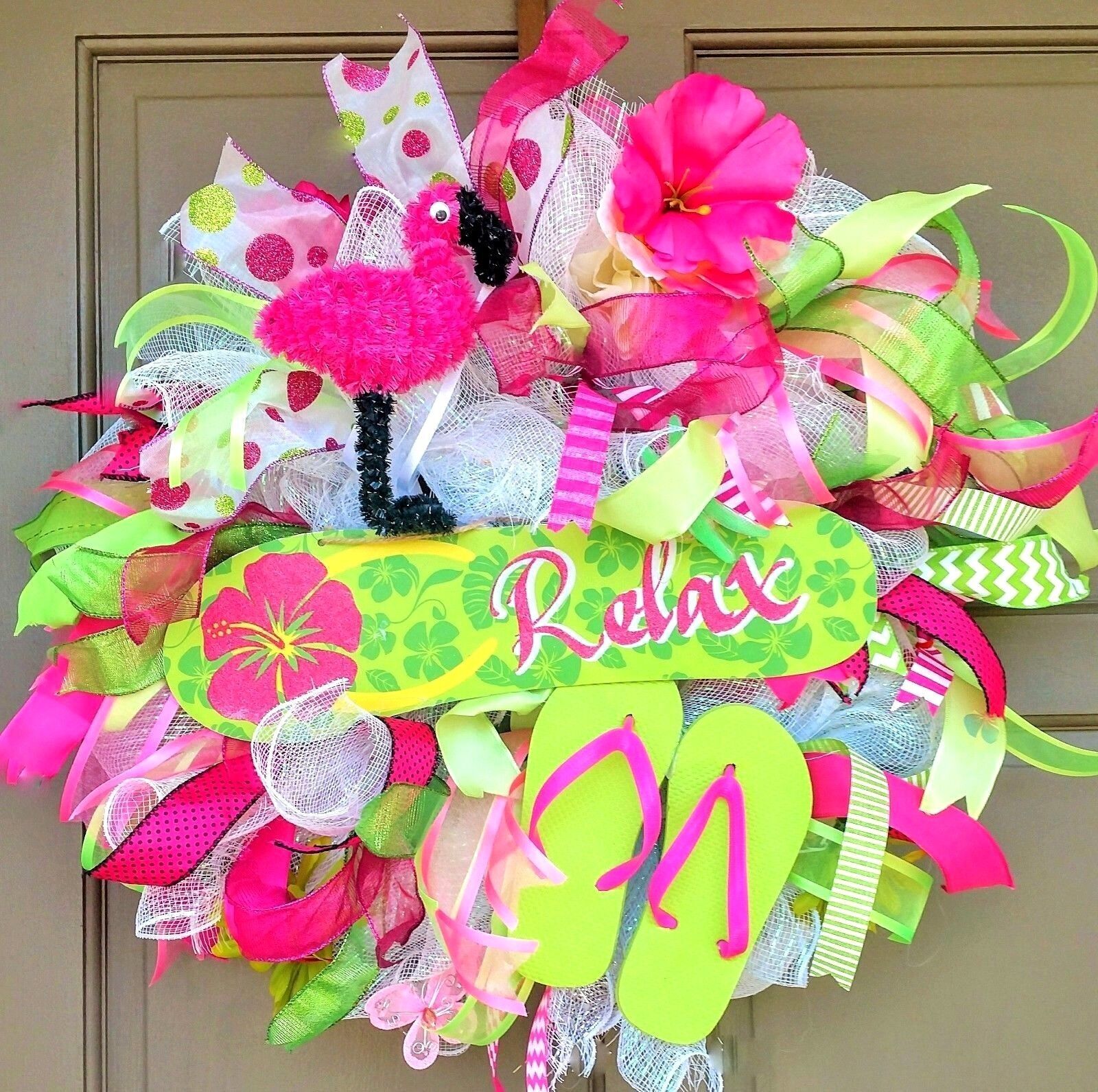 Spring Summer Flip Flop Front Door Wreath Large 24″ Floral Front Door Decor