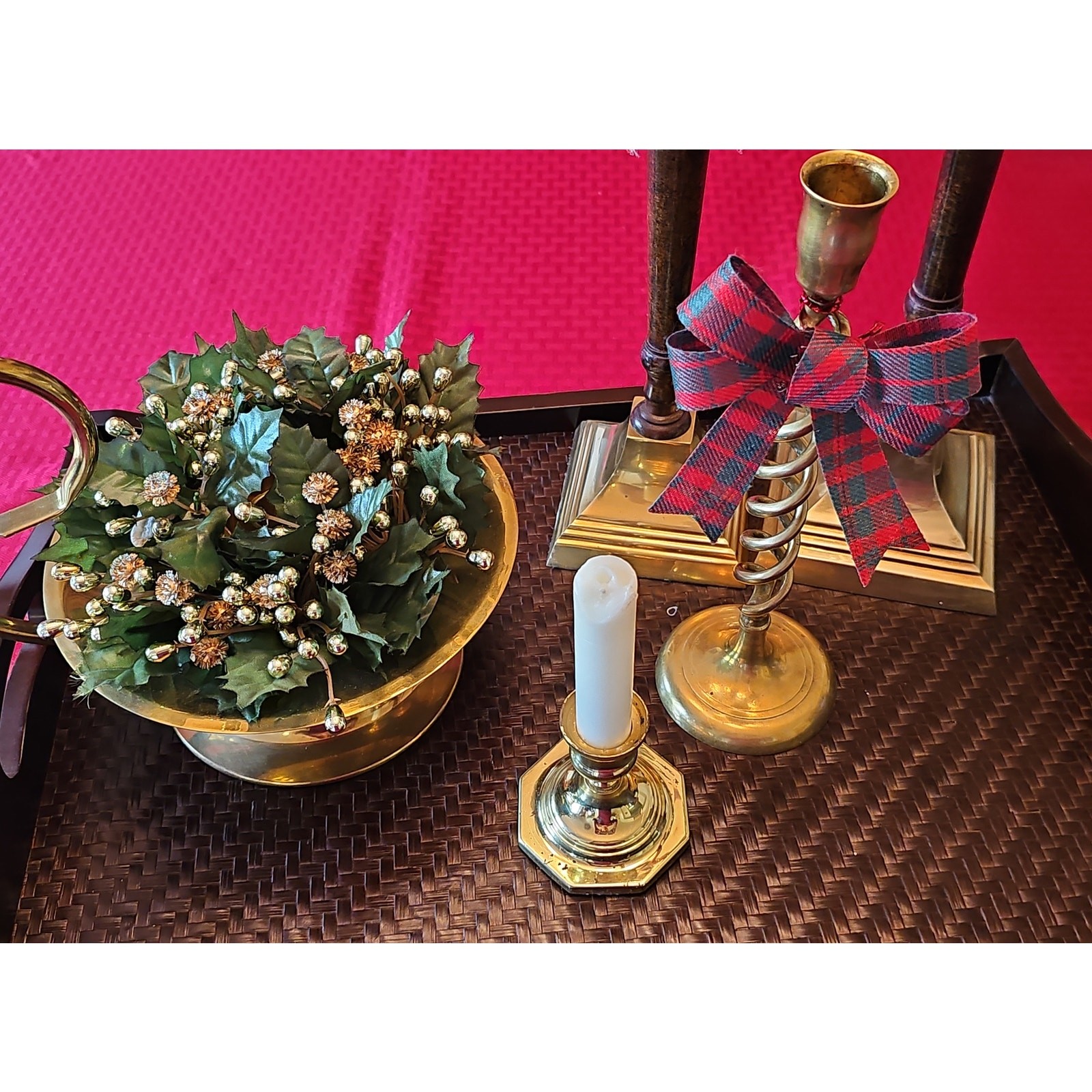 Two Vintage Candle Ring Pillar Wreath Centerpiece Gold Pinheads Holly Christmas