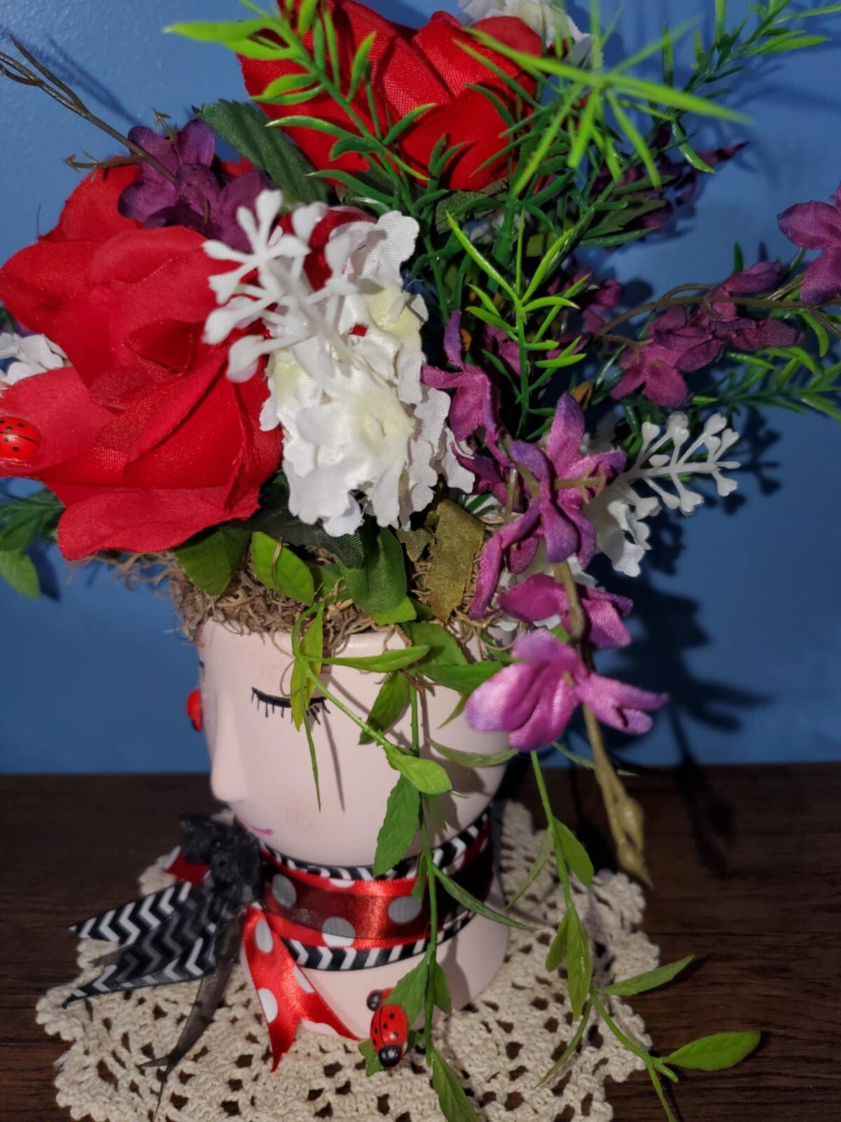 Handmade Floral Arrangement Whimsical Planter Ladybugs Red Roses Purple White