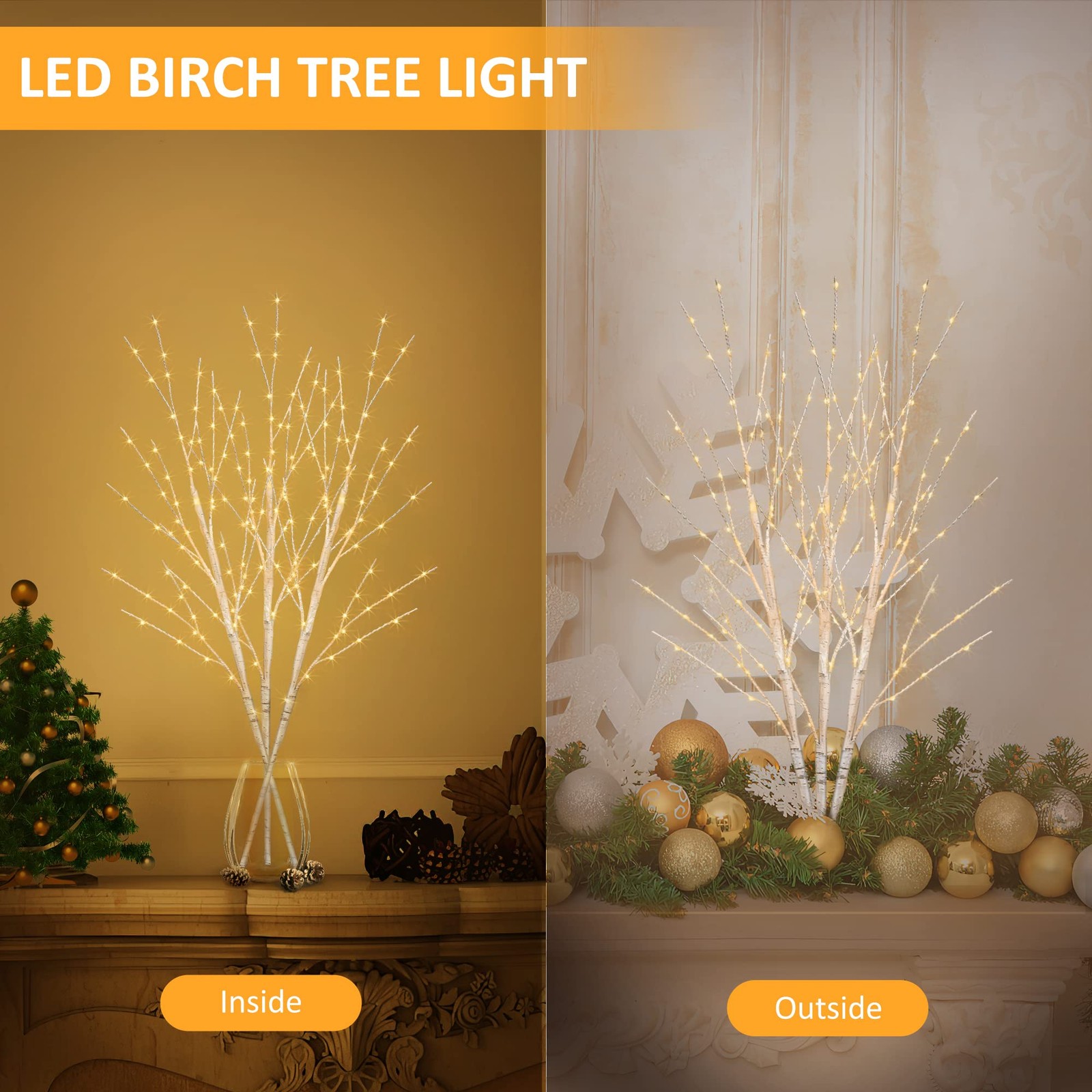 Lighted White Birch Branches, 33IN 180LED, Timer, Plug in, Artificial Twig