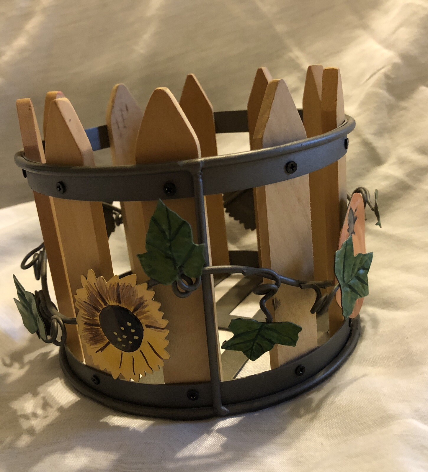 Fall Wood Fence Sunflower And Pumpkin Metal Flower Pot